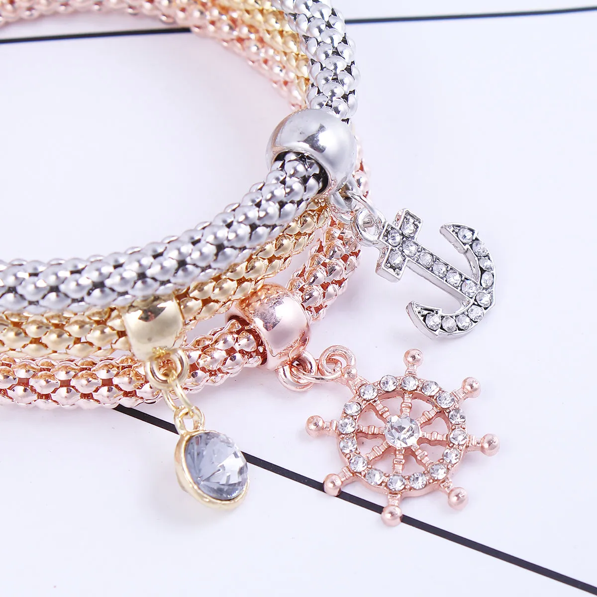 Anchor ship Stretch Bracelets Iâ€™s 3PCS Gold/Silver/Rose Gold Plated Popcorn Chain with Crystal Charms Multilayer Bracelets for Women