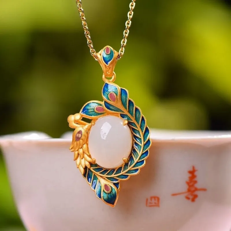 Ancient gold craft enamel craft green enamel phoenix necklace