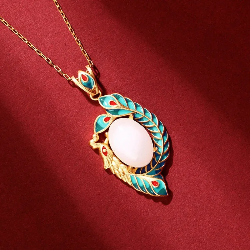 Ancient gold craft enamel craft green enamel phoenix necklace
