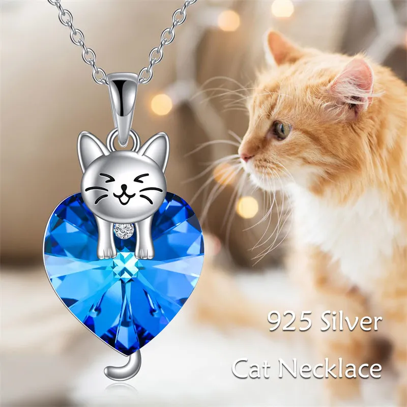 Animal Cat Necklace with Cystral Heart Sterling Silver Necklace for Girl Women