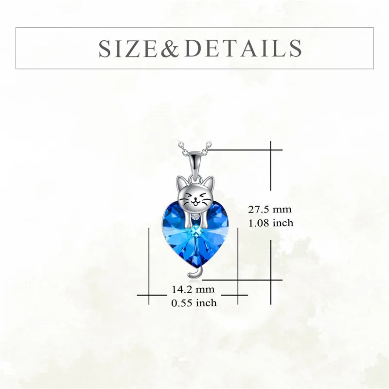 Animal Cat Necklace with Cystral Heart Sterling Silver Necklace for Girl Women