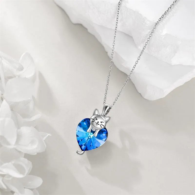Animal Cat Necklace with Cystral Heart Sterling Silver Necklace for Girl Women