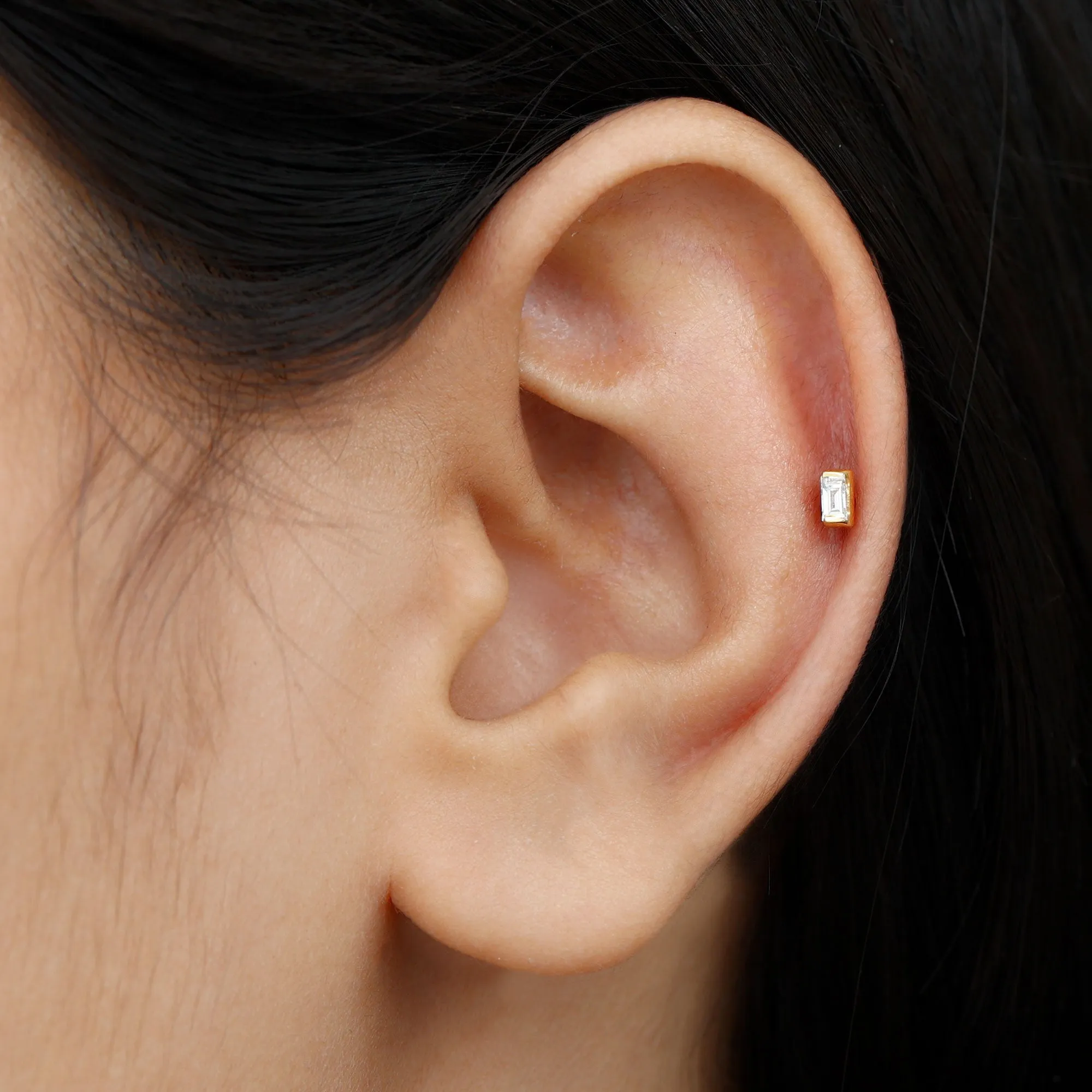 Baguette Moissanite Tragus Earring in Bar Setting