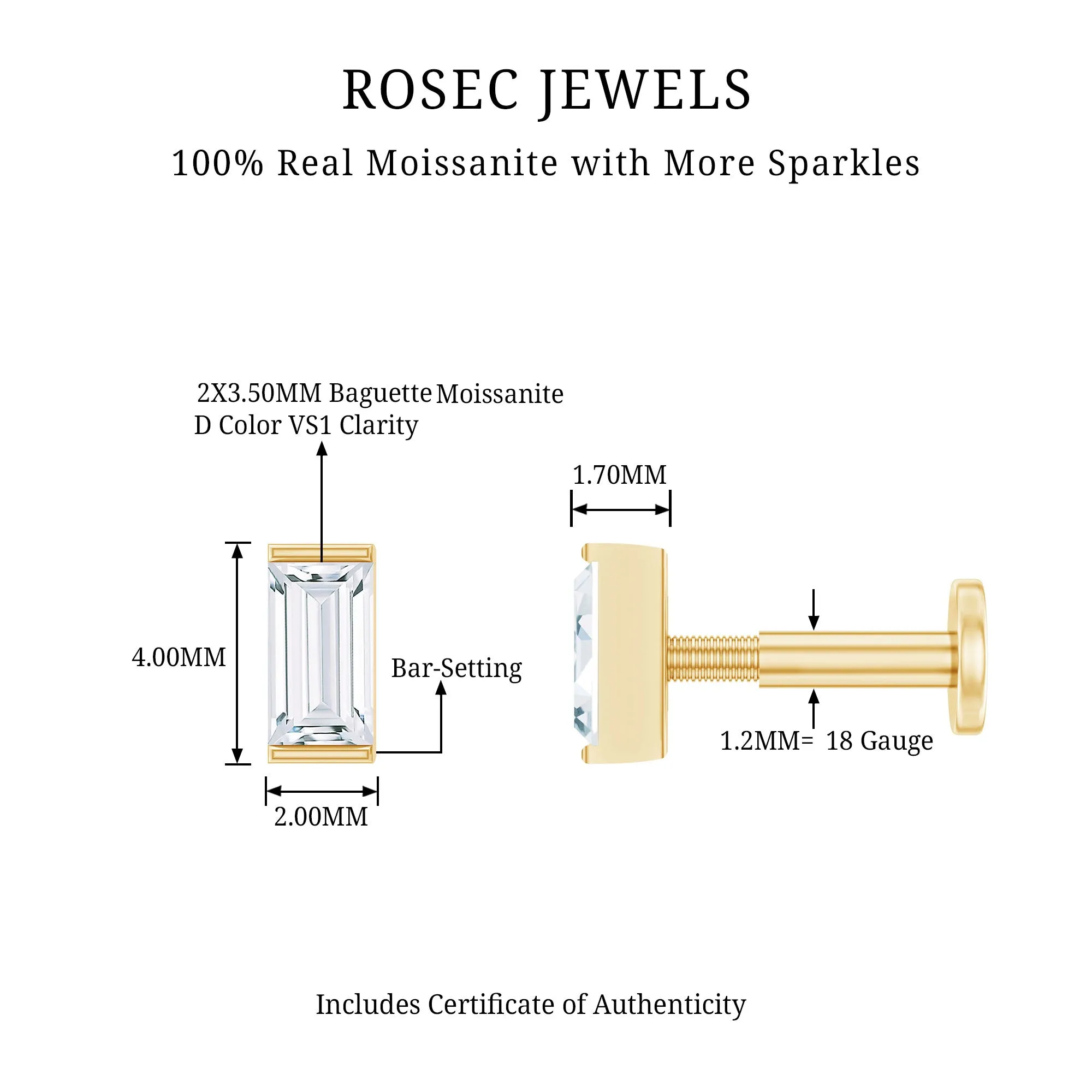 Baguette Moissanite Tragus Earring in Bar Setting