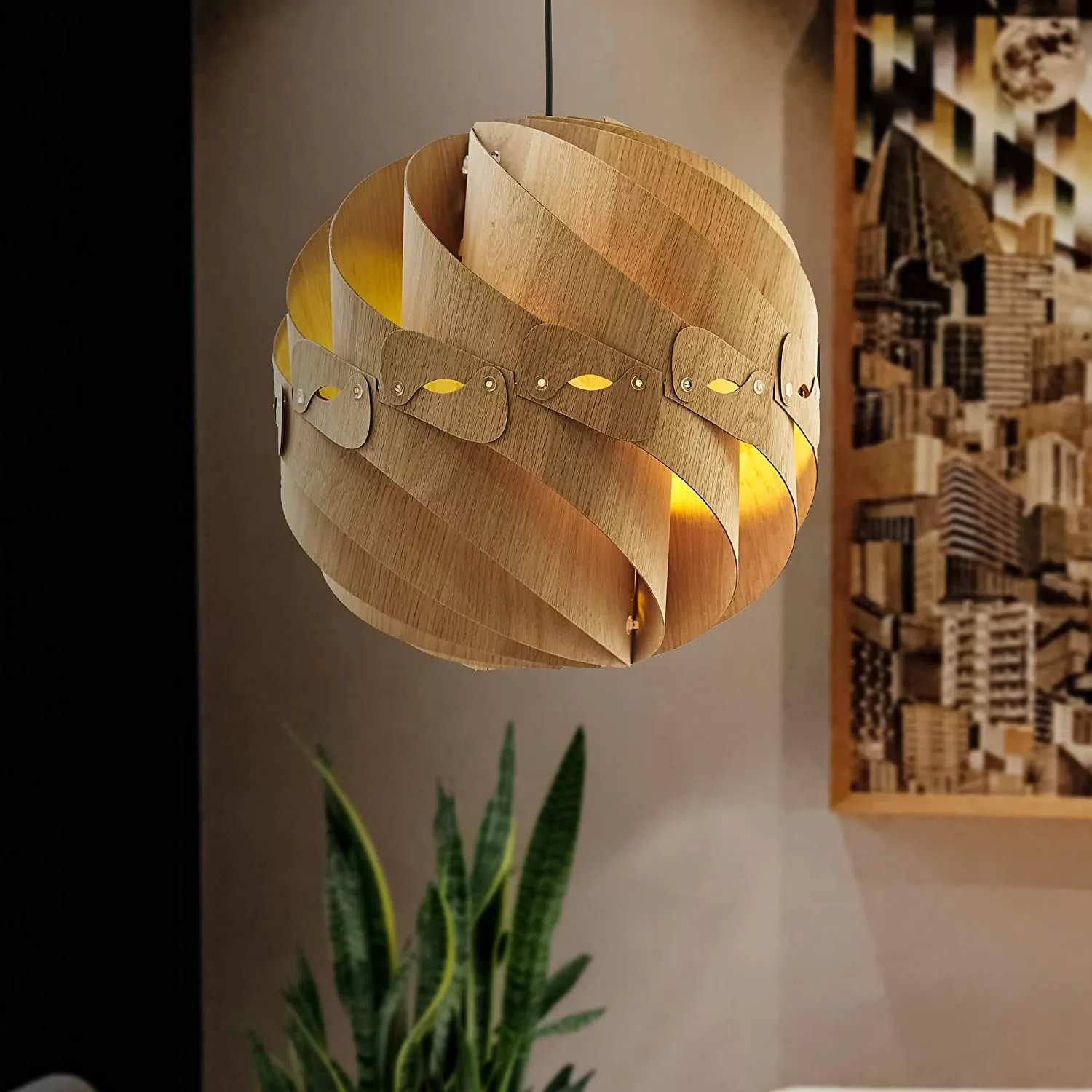 Benzara 60 Watt Swirl Design Wooden Ceiling Pendant, Oak Brown