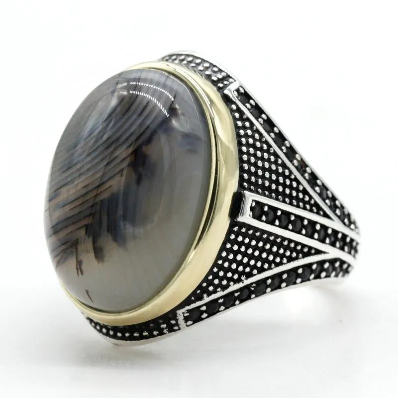 Big Natural Agate Stone 925 Sterling Silver Vintage Ring