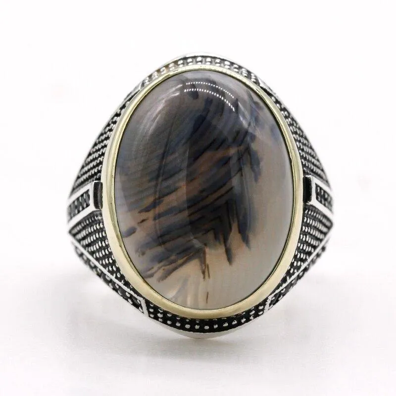 Big Natural Agate Stone 925 Sterling Silver Vintage Ring