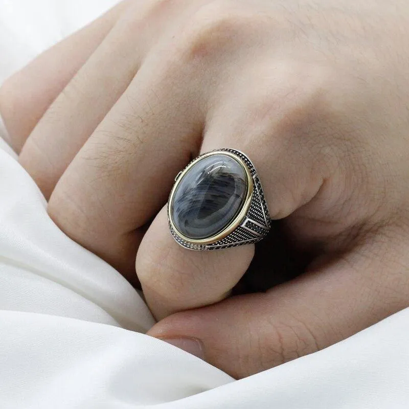 Big Natural Agate Stone 925 Sterling Silver Vintage Ring