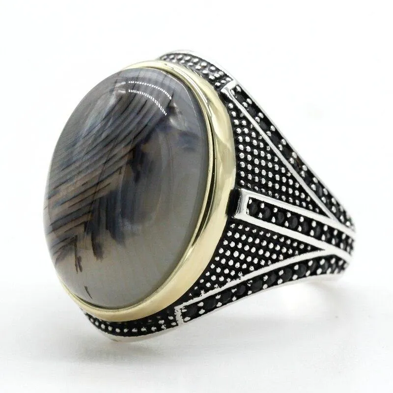 Big Natural Agate Stone 925 Sterling Silver Vintage Ring
