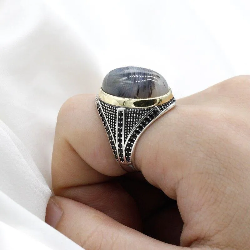 Big Natural Agate Stone 925 Sterling Silver Vintage Ring