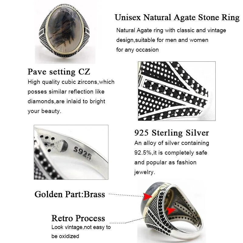 Big Natural Agate Stone 925 Sterling Silver Vintage Ring