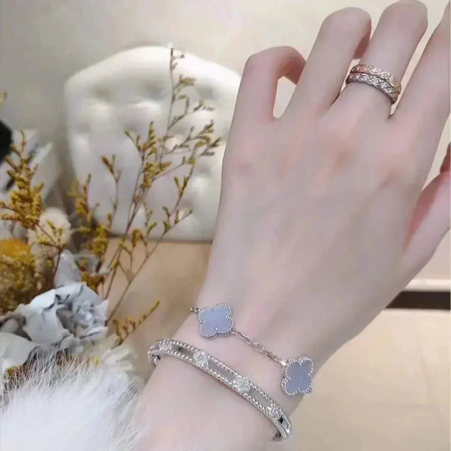 [BIJOUX]CLOVER  5 MOTIF PURPLE CHALCEDONY BRACELET SILVER