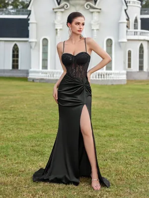 Black Satin Corset Gown with Lace Bodice and High Slit  Elegant Evening Dress
