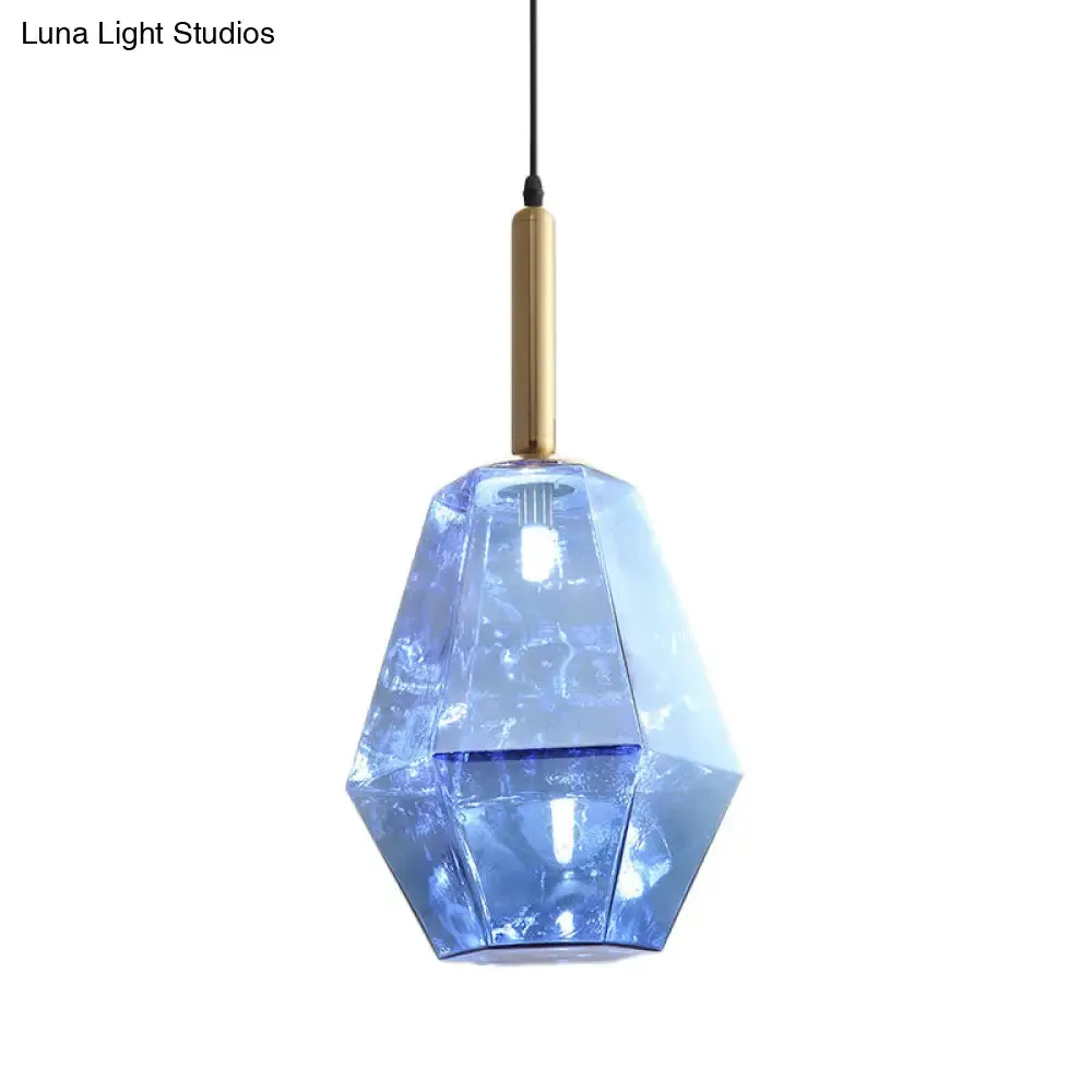 Blue Diamond Glass LED Pendant Light Kit with Contemporary Brass Fixture - 1-Light