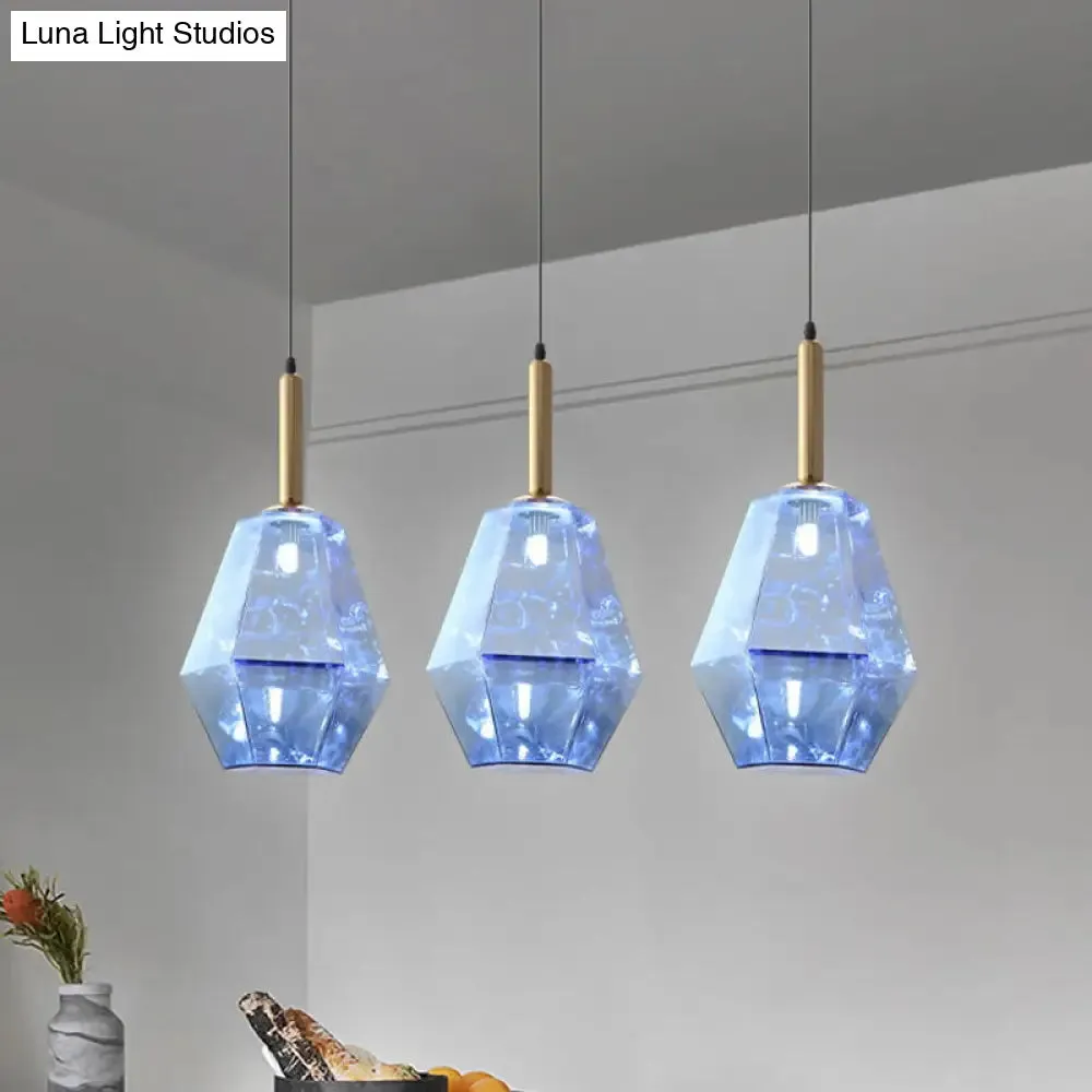 Blue Diamond Glass LED Pendant Light Kit with Contemporary Brass Fixture - 1-Light