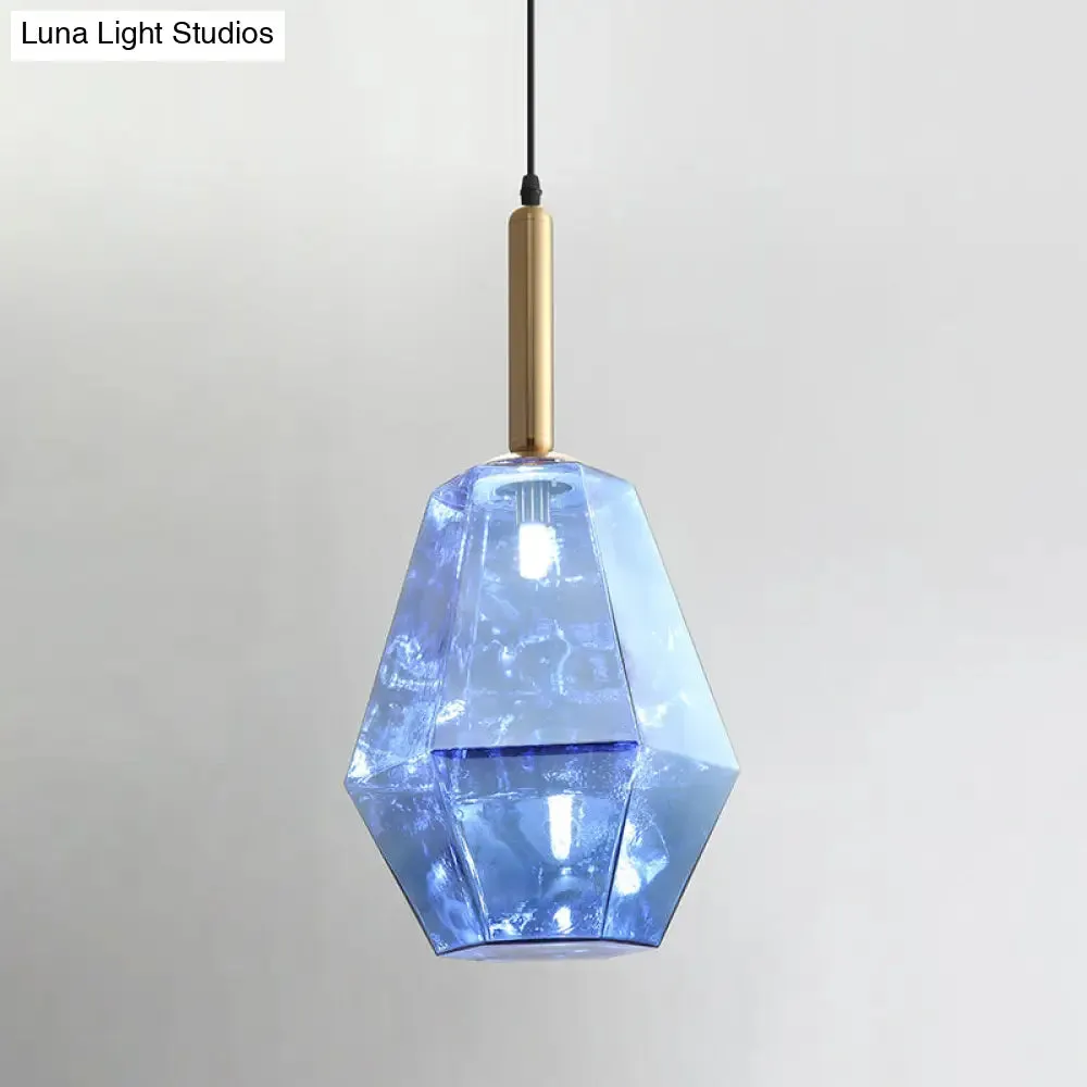 Blue Diamond Glass LED Pendant Light Kit with Contemporary Brass Fixture - 1-Light