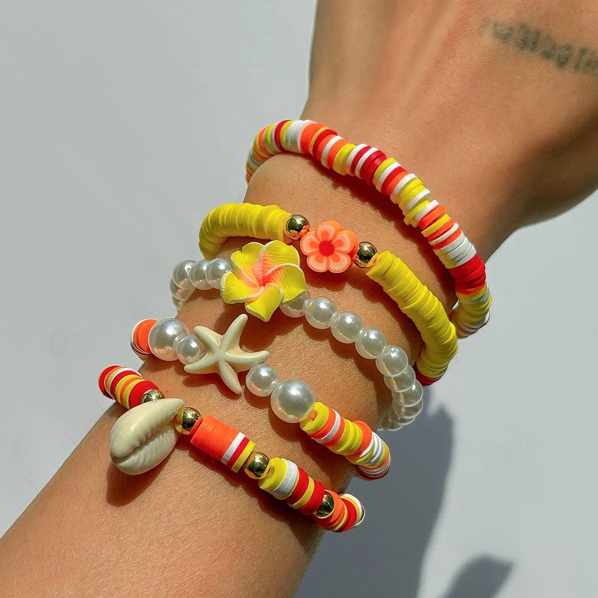 Boho Layered Flower Starfish Conch Polymer Clay Beaded Bracelet Set