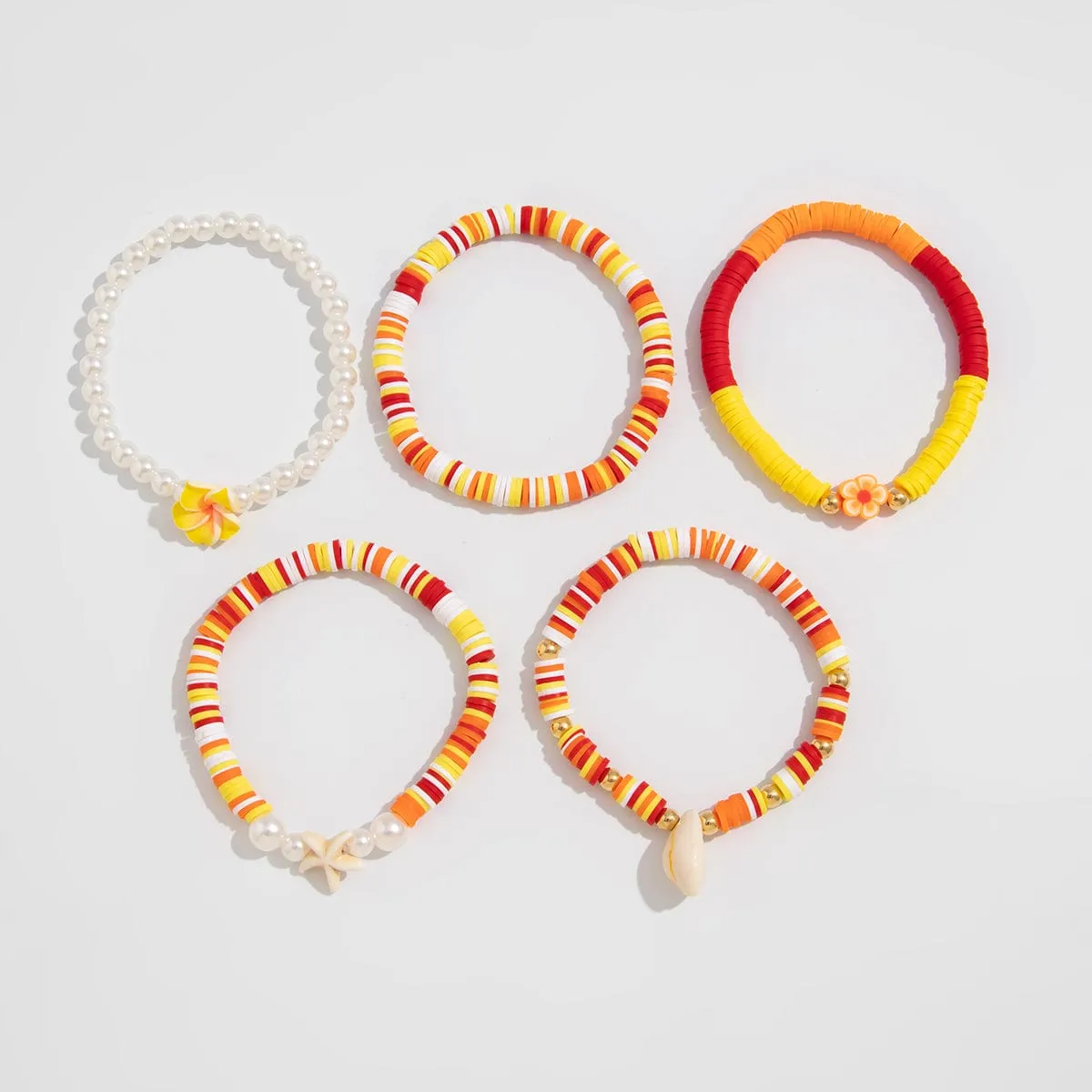 Boho Layered Flower Starfish Conch Polymer Clay Beaded Bracelet Set