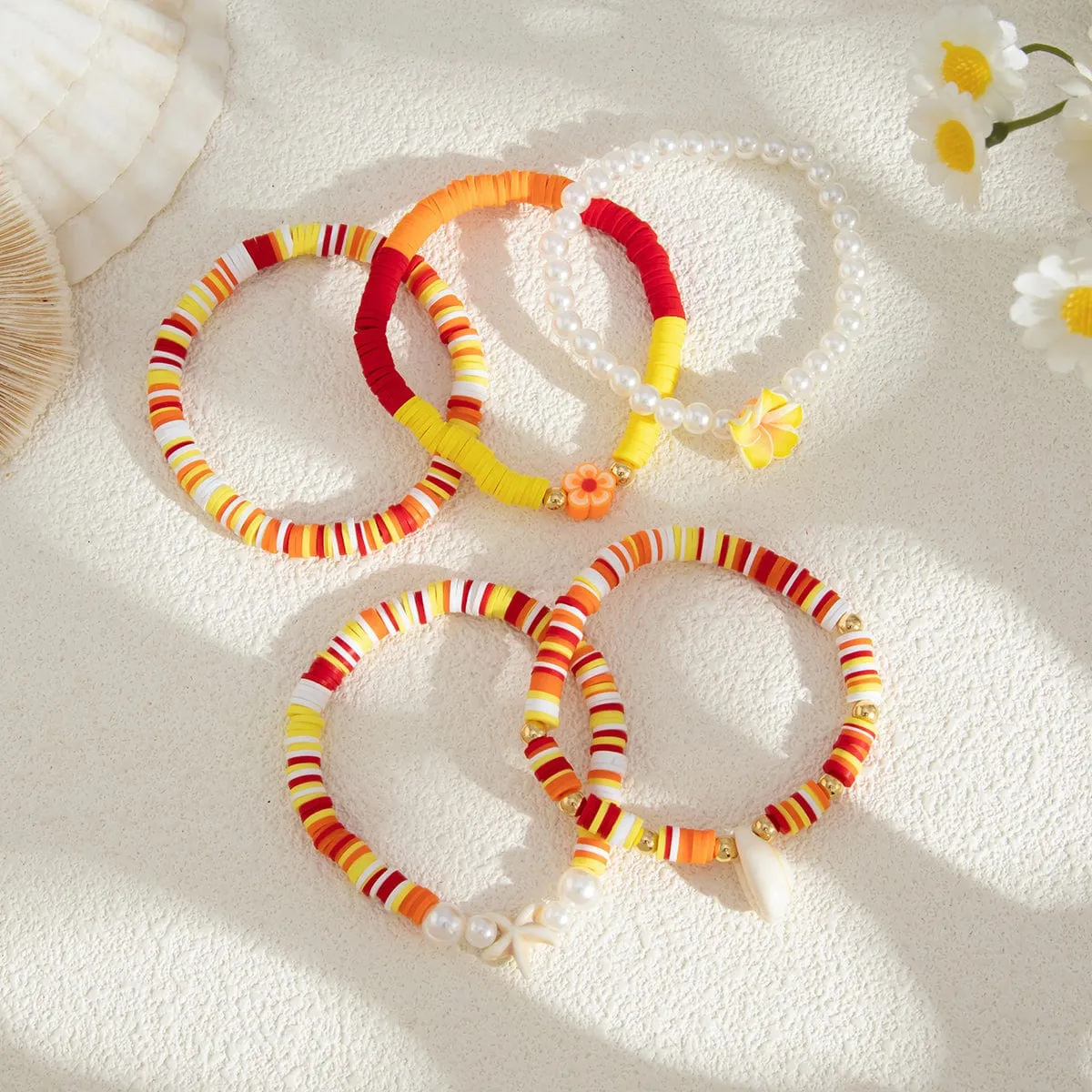 Boho Layered Flower Starfish Conch Polymer Clay Beaded Bracelet Set