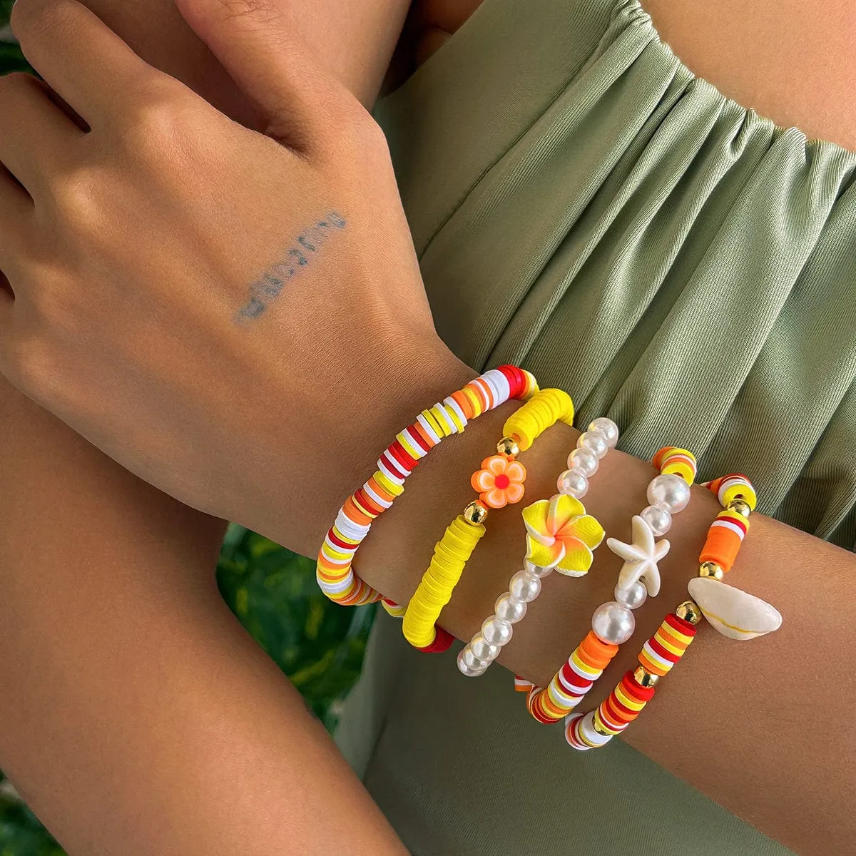 Boho Layered Flower Starfish Conch Polymer Clay Beaded Bracelet Set