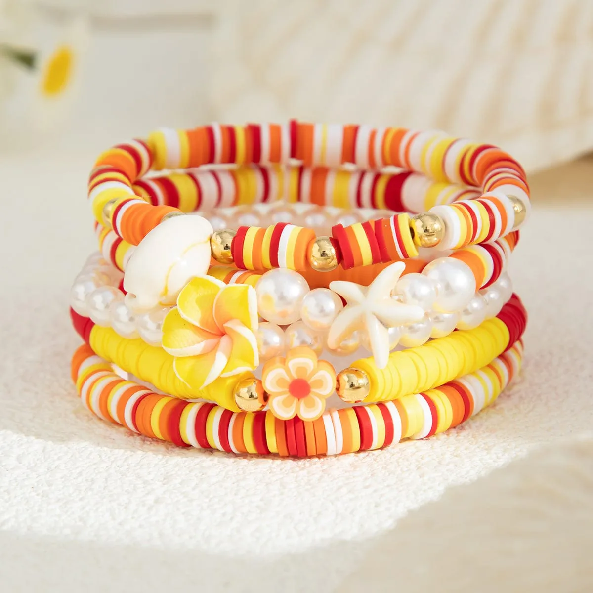 Boho Layered Flower Starfish Conch Polymer Clay Beaded Bracelet Set