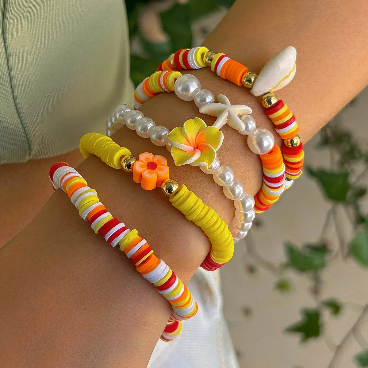 Boho Layered Flower Starfish Conch Polymer Clay Beaded Bracelet Set