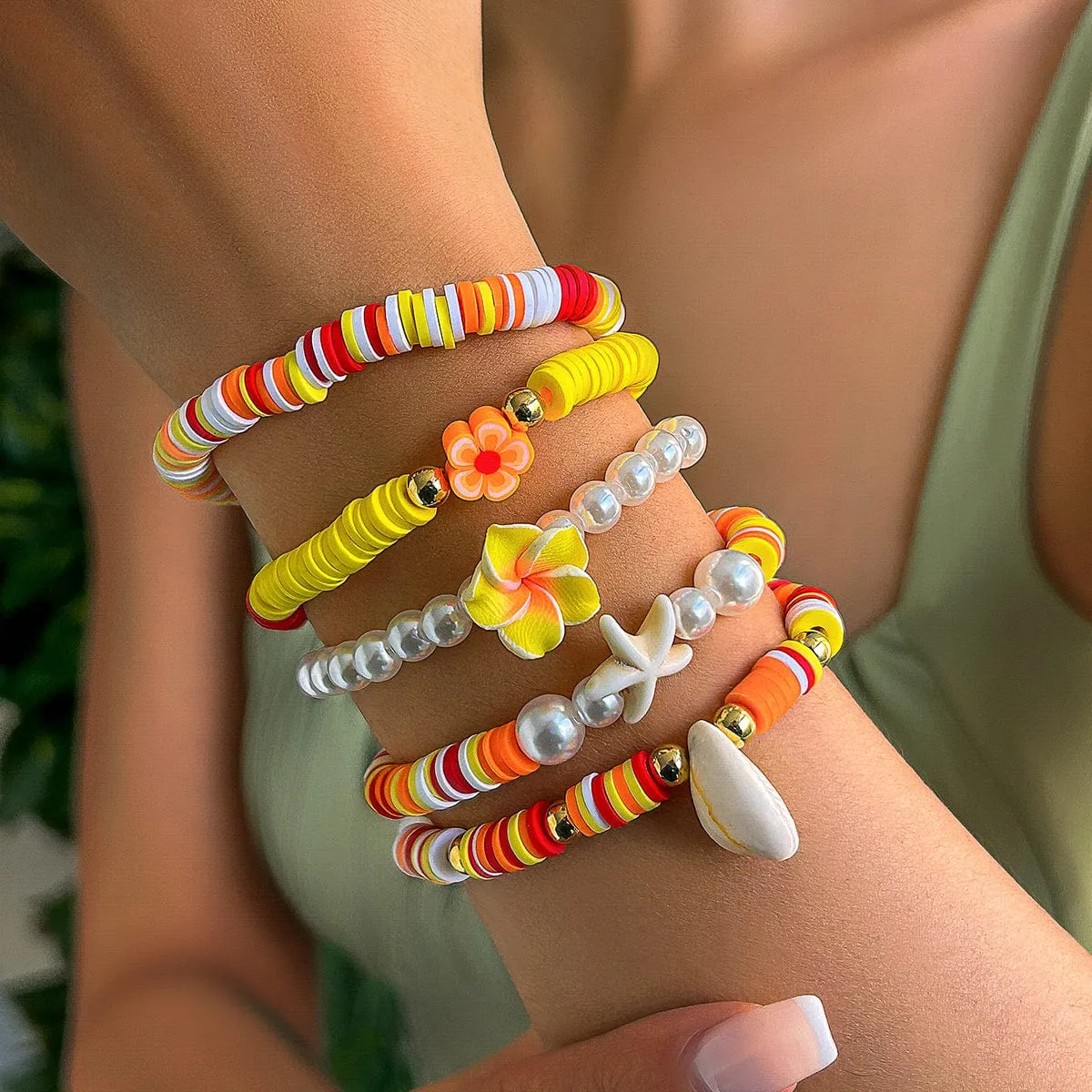 Boho Layered Flower Starfish Conch Polymer Clay Beaded Bracelet Set