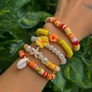 Boho Layered Flower Starfish Conch Polymer Clay Beaded Bracelet Set