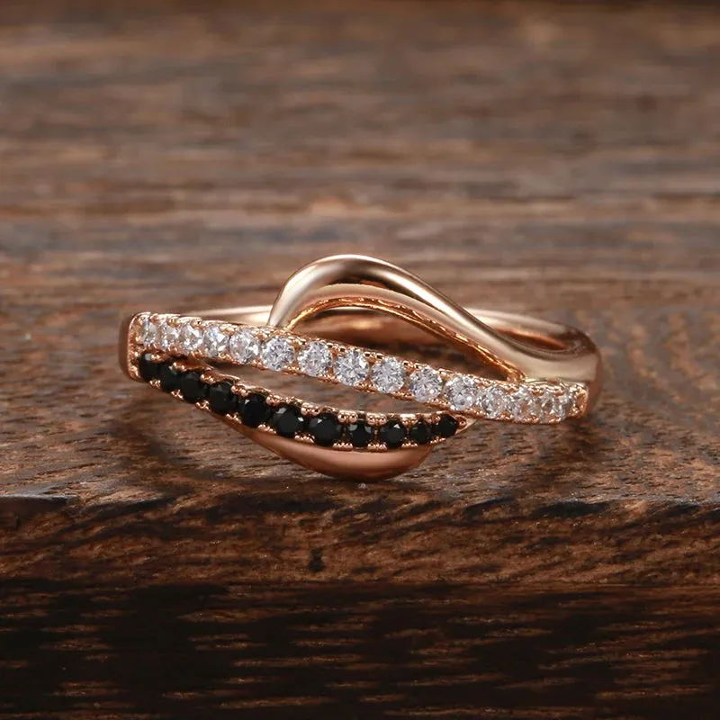 Brilliant Micro Inlay Black White AAA  CZ Diamonds Fashion 14K Rolled Rose Gold  Rings - Personality Gothic Jewelry