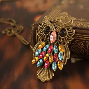 Bronze Owl Long Chain Pendant Necklace