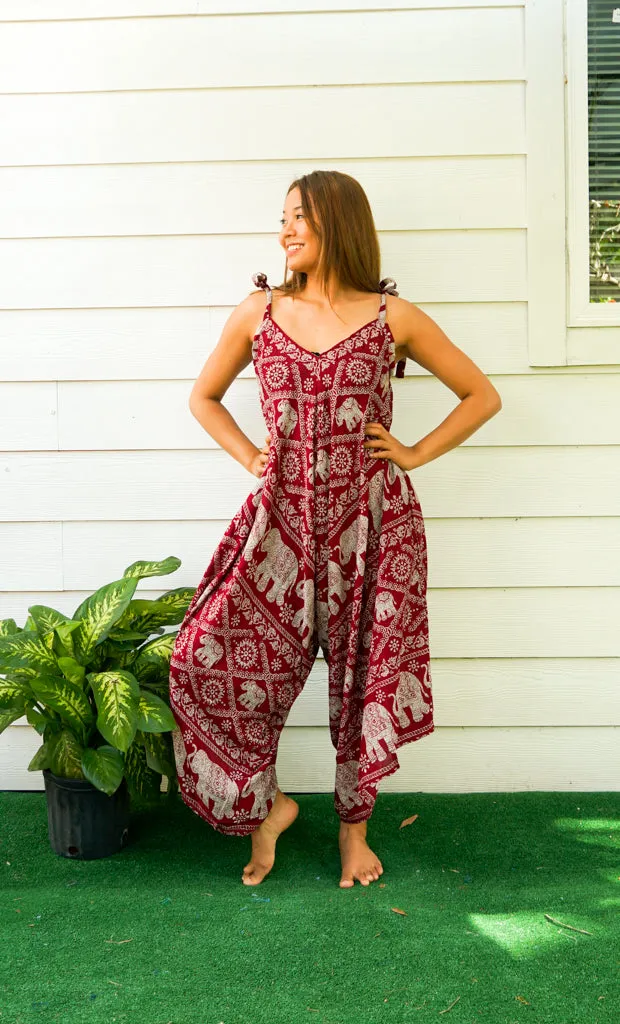 Burgundy Orchid Elephant Boho Jumpsuit