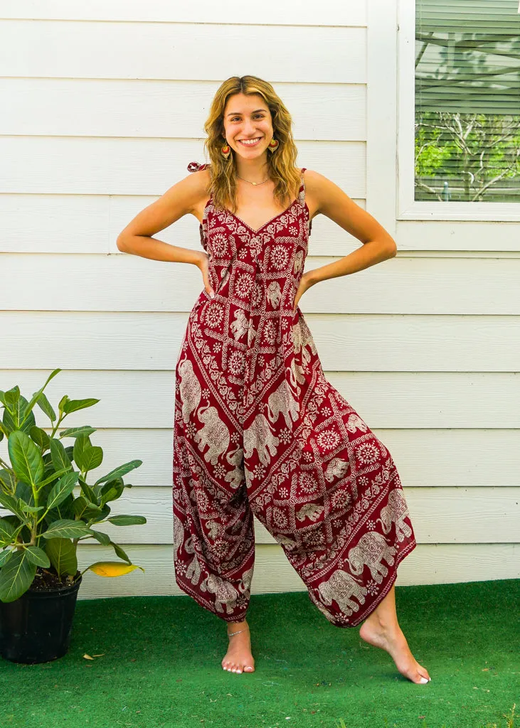 Burgundy Orchid Elephant Boho Jumpsuit