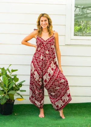 Burgundy Orchid Elephant Boho Jumpsuit