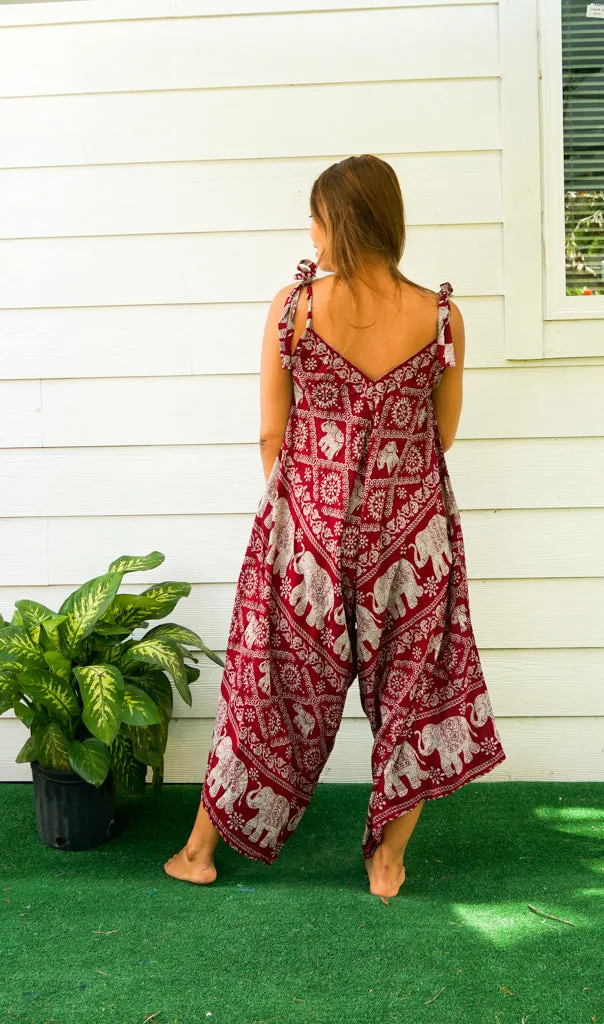 Burgundy Orchid Elephant Boho Jumpsuit