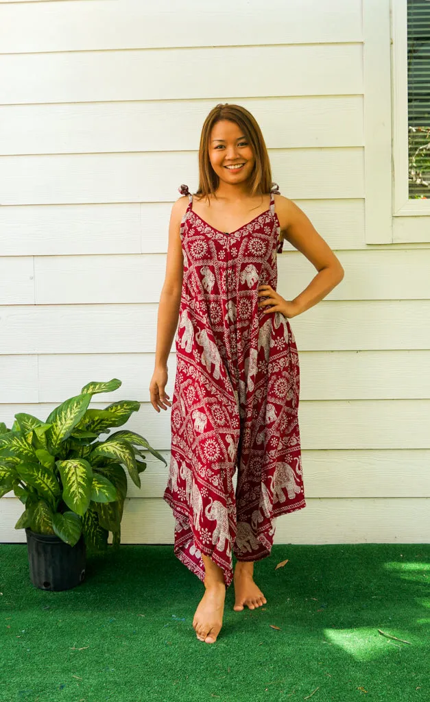 Burgundy Orchid Elephant Boho Jumpsuit