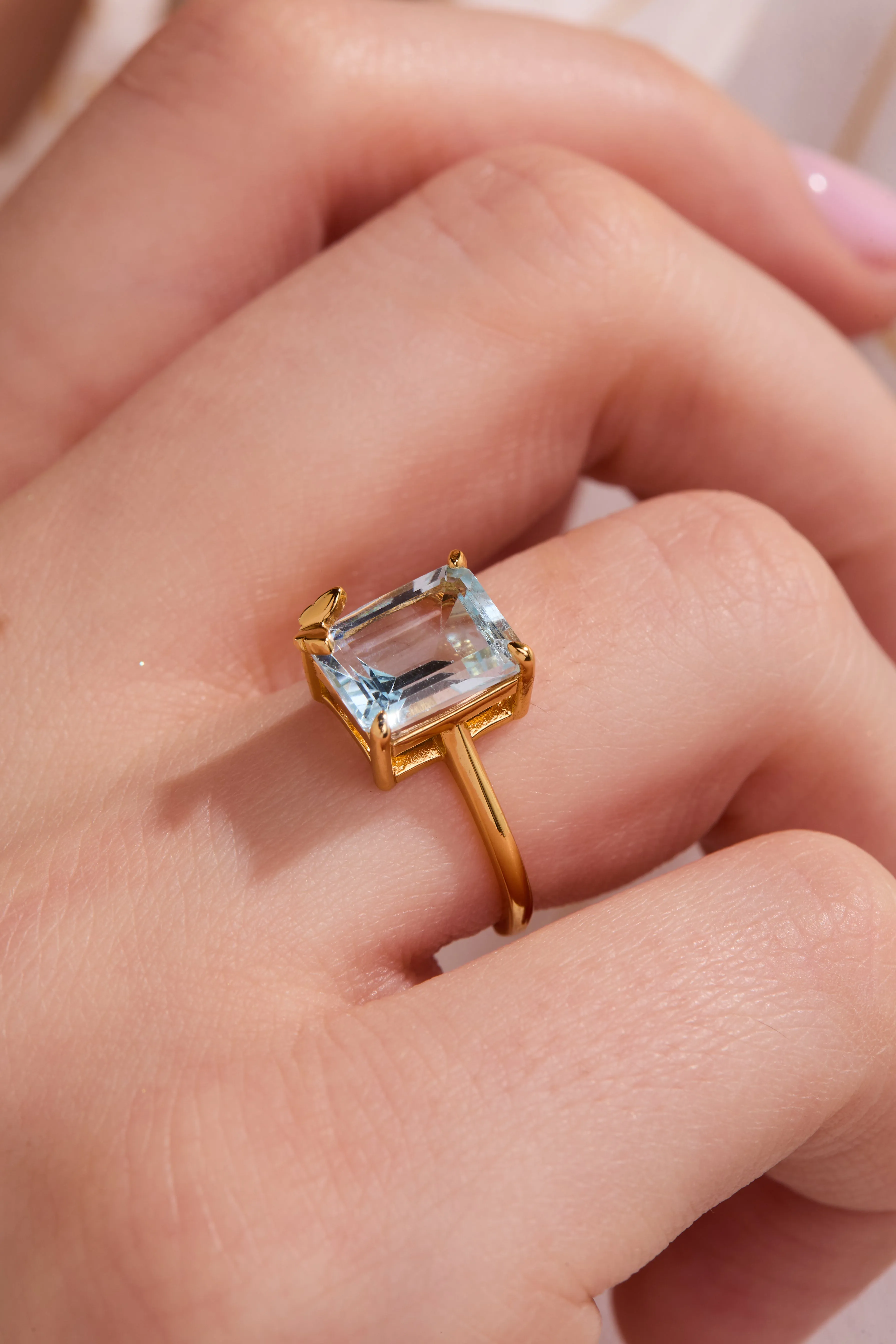 Butterfly Aquamarine Gold Gold Adjustable Ring W.