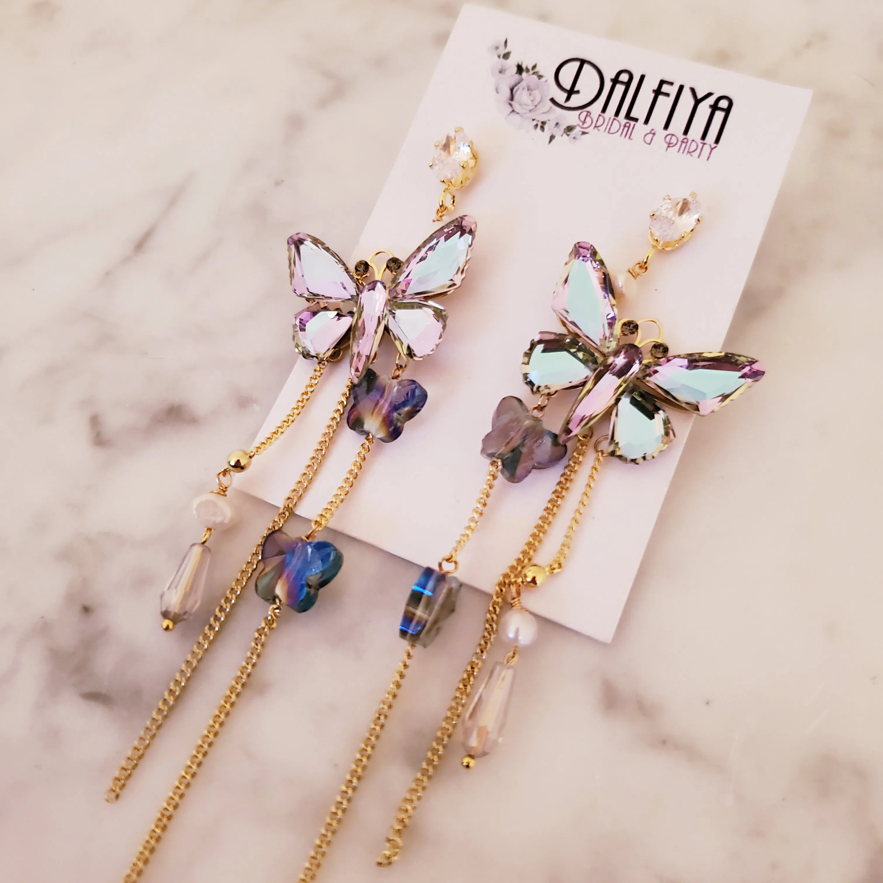 Butterfly Long Dangle Rhinestone Earrings
