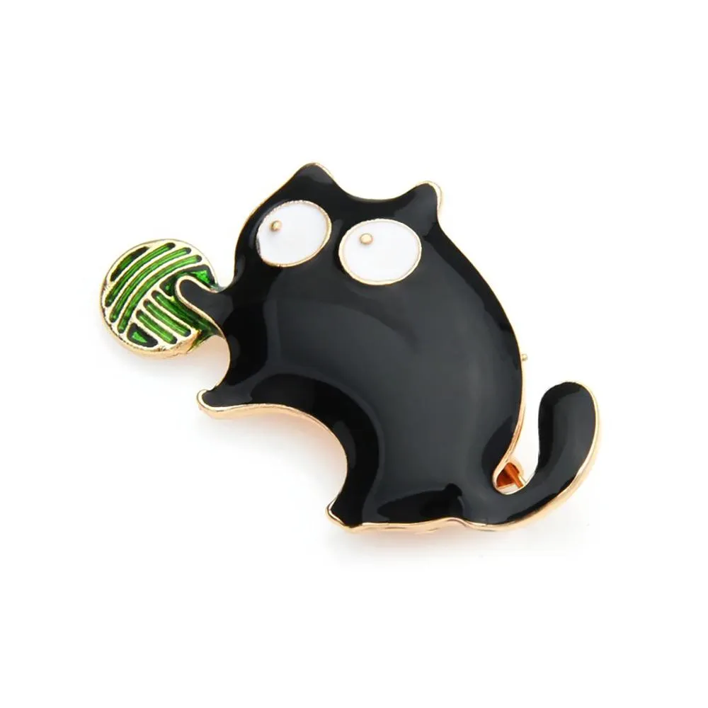 Charming Round Cat With Ball of Yarn Enamel Brooch Pin