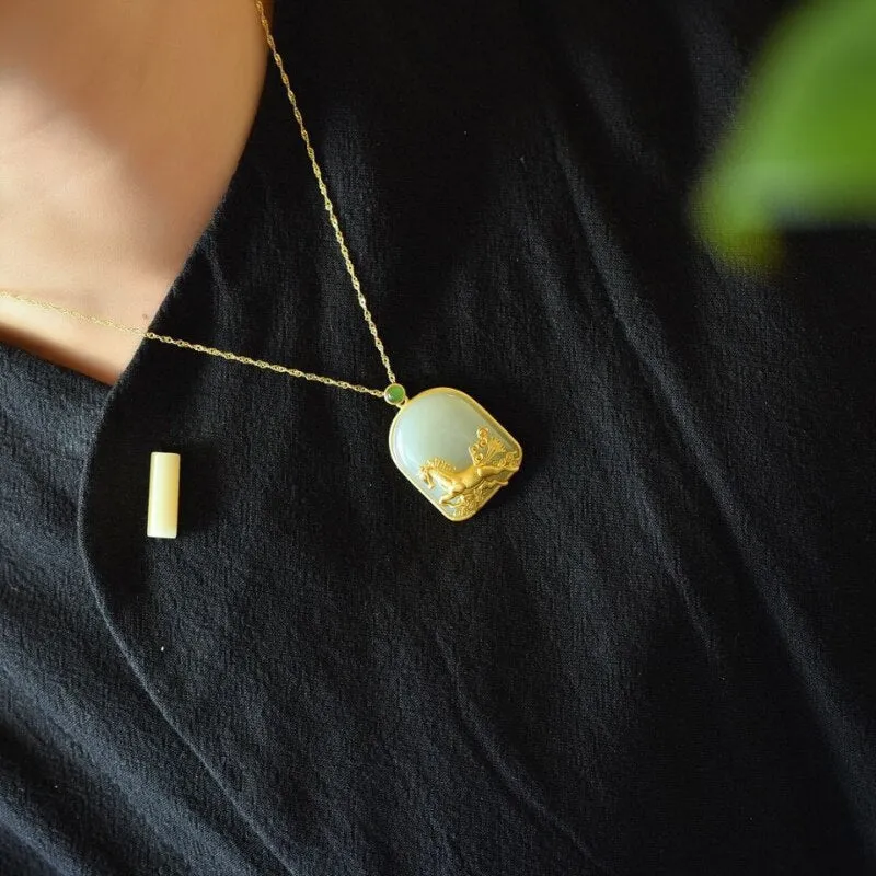 Classic Ancient gold craft inlaid natural Hotan jade steed necklaces