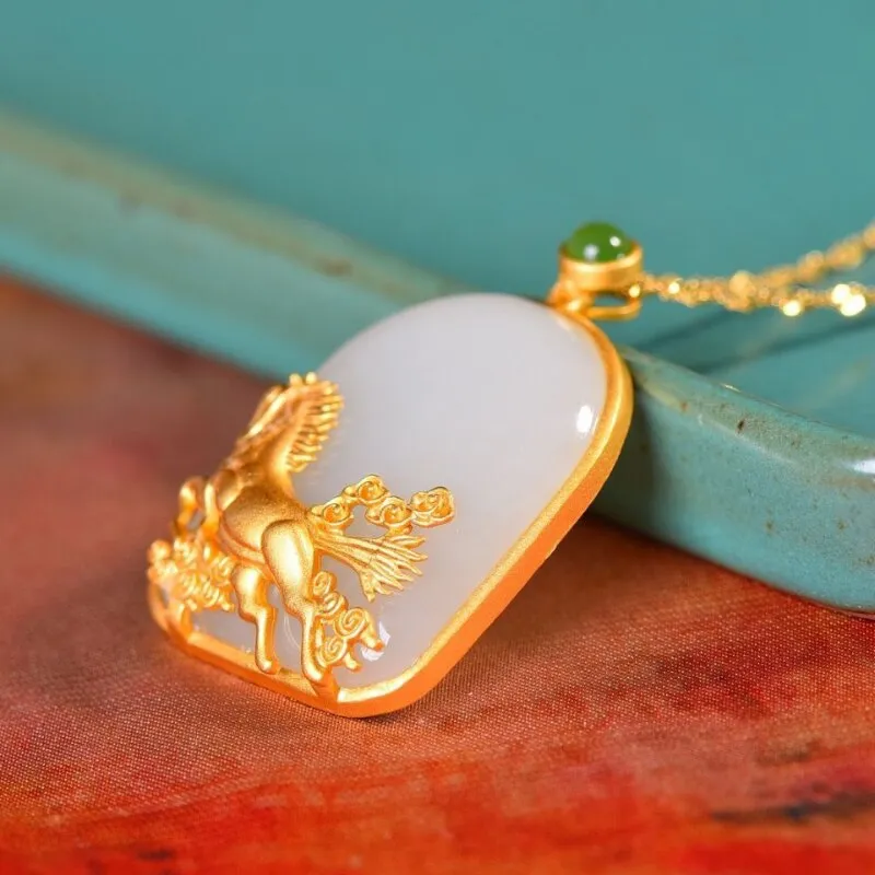 Classic Ancient gold craft inlaid natural Hotan jade steed necklaces