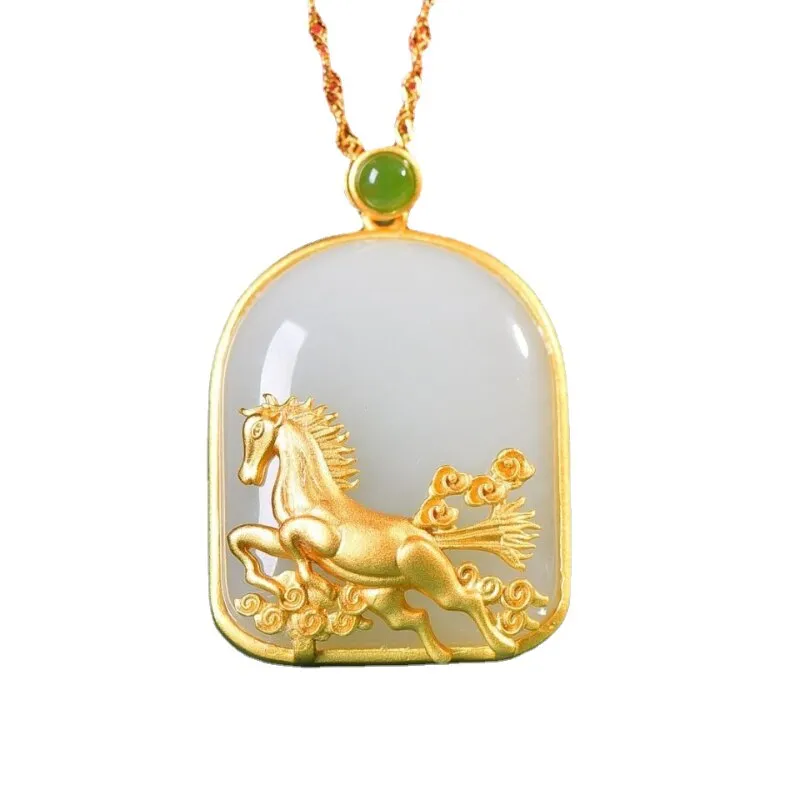 Classic Ancient gold craft inlaid natural Hotan jade steed necklaces