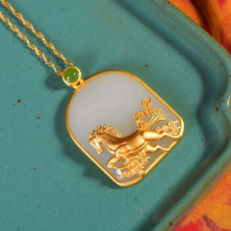 Classic Ancient gold craft inlaid natural Hotan jade steed necklaces