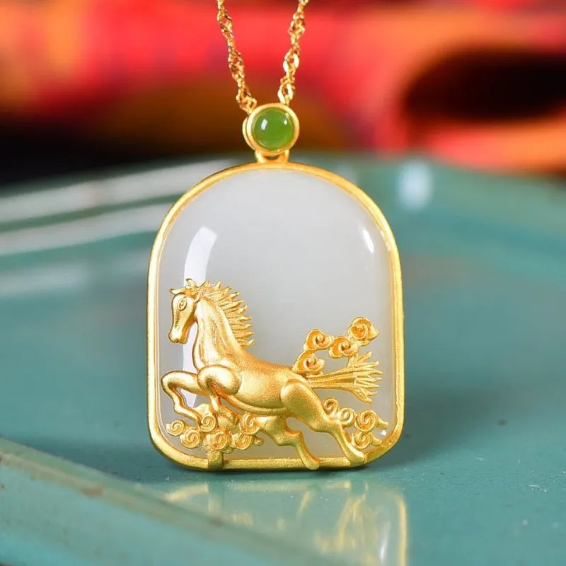 Classic Ancient gold craft inlaid natural Hotan jade steed necklaces