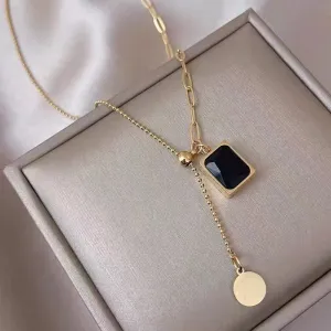 Classic Black Gem Square Stainless Steel Necklaces Charm Jewelry NCJT24