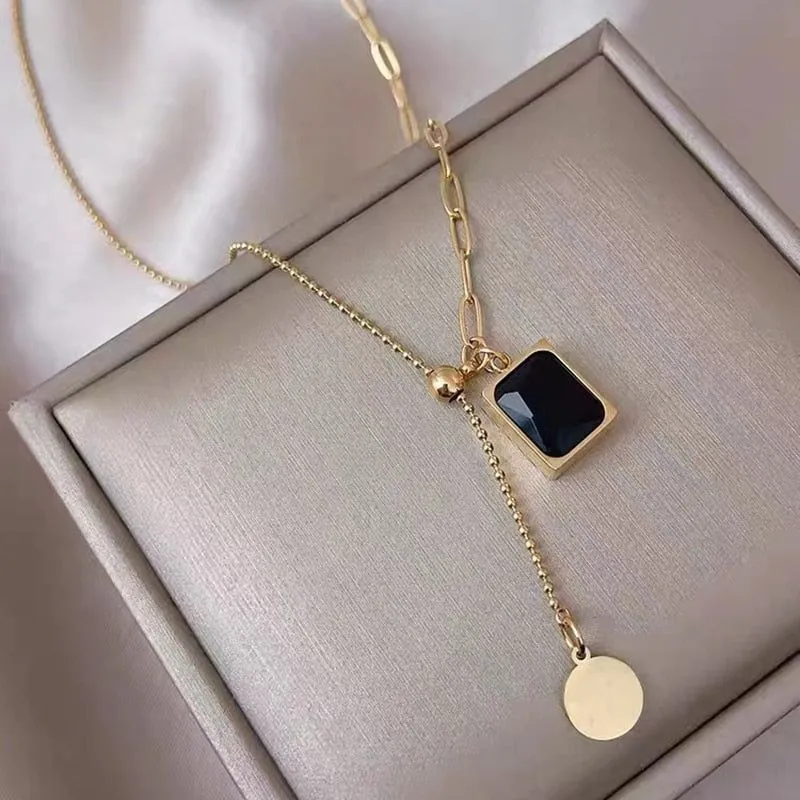 Classic Black Gem Square Stainless Steel Necklaces Charm Jewelry NCJT24