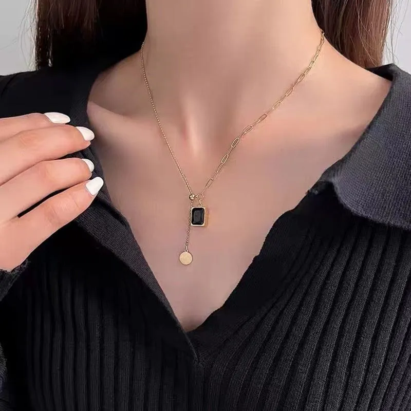 Classic Black Gem Square Stainless Steel Necklaces Charm Jewelry NCJT24