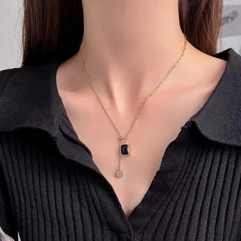 Classic Black Gem Square Stainless Steel Necklaces Charm Jewelry NCJT24