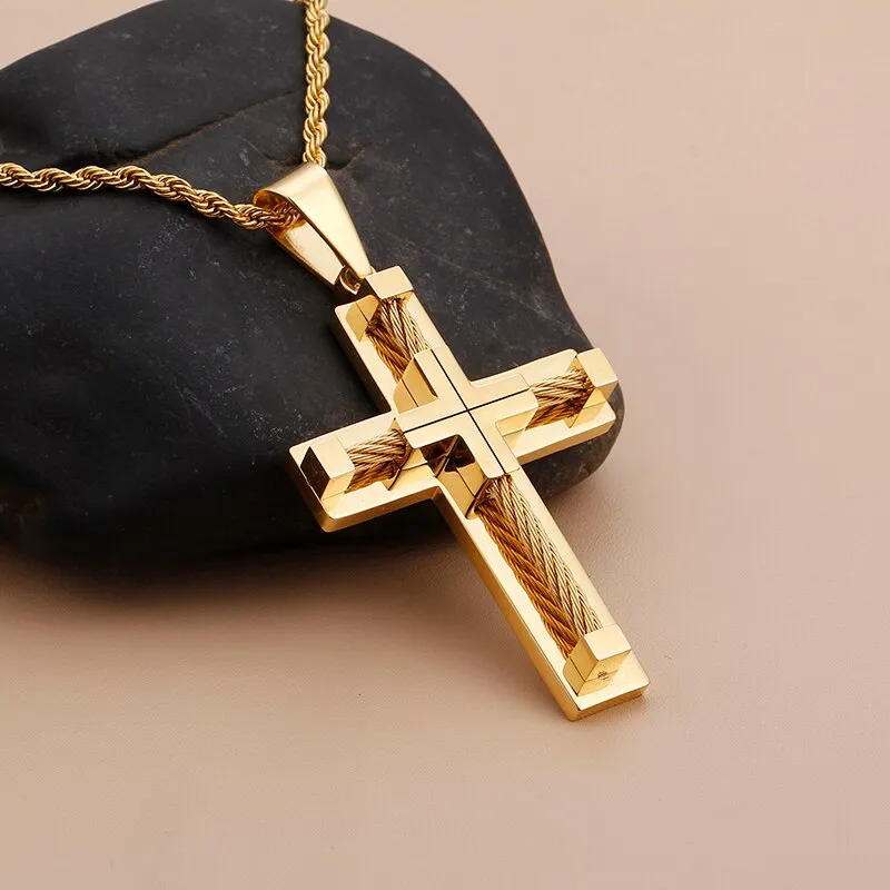 Classic Gold Plated Stainless Steel Cross Necklaces & Pendants For Men