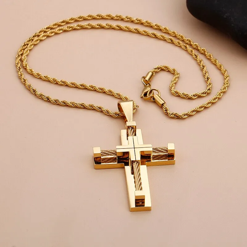 Classic Gold Plated Stainless Steel Cross Necklaces & Pendants For Men