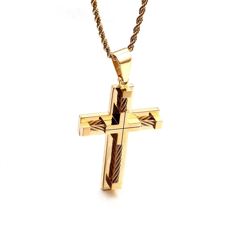 Classic Gold Plated Stainless Steel Cross Necklaces & Pendants For Men